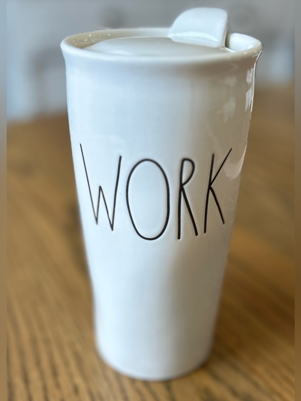 Rae Dunn White Ceramic Travel Mug with Black Lettering “WORK”